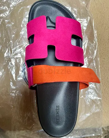 Pre-loved women's slide sandals - pink & orange suede upper, black sole (size not specified)