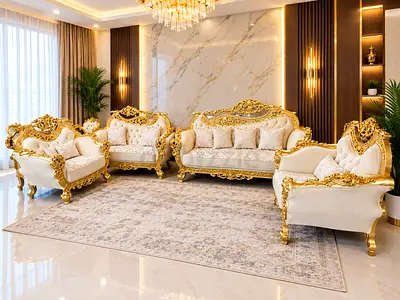 Luxury Royal Sofa Set with Gold Carved Accents