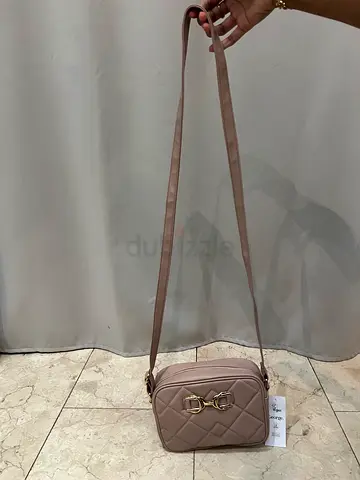 Beige with purple undertone quilted crossbody shoulder bag with gold hardware - new