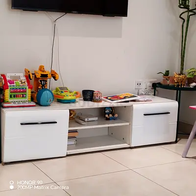Low white TV cabinet / media unit with storage