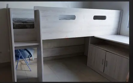 Loft single bed with integrated desk and storage - light grey wood finish