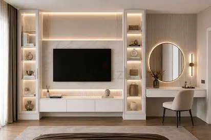 Modern built-in TV entertainment center with display shelves and vanity