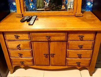 Solid Wood Dresser / Chest with Mirror – 9 Drawers + Cabinet, Good Condition