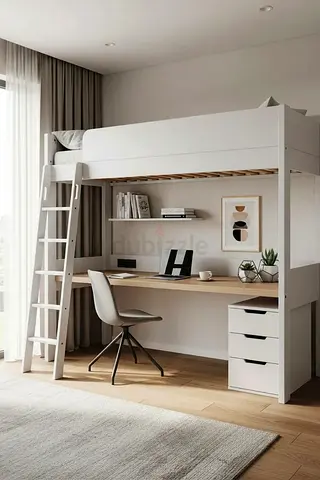 Modern White Loft Bed with Built-in Desk and Drawers