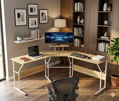 L-shaped Corner Study / Computer Desk with Wood Finish and White Frame