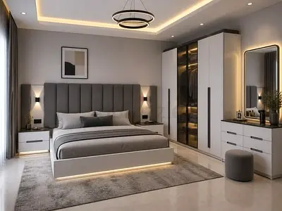 Modern grey upholstered bed with matching wardrobe and dresser set