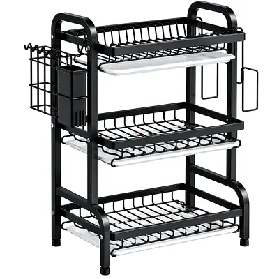 3-Tier Kitchen Dish Drying Rack – Black Metal Dish Organizer