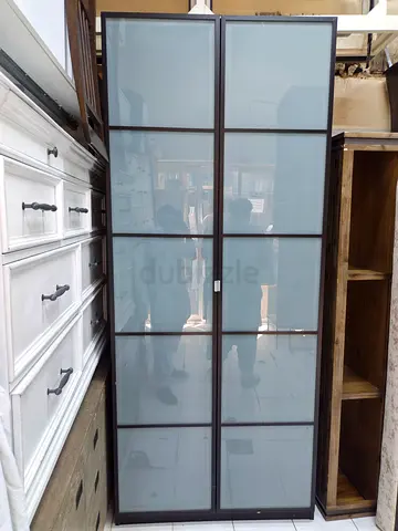 Tall double-door wardrobe with frosted glass panels (dark frame)