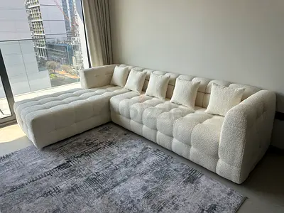 Modern White Boucle L-Shaped Sectional Sofa with Pillows