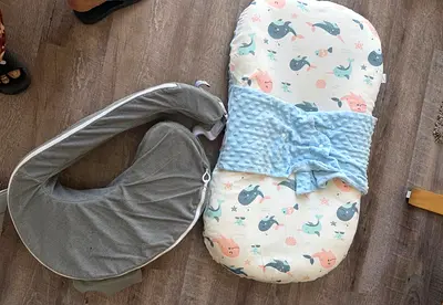 Baby nursing pillow and whale print baby lounger set