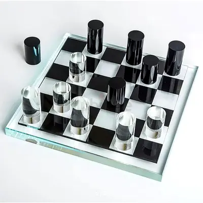Modern glass chess/checkers set with cylindrical pieces - like new