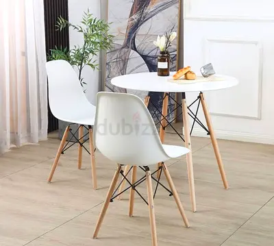 Modern White Dining Set with Round Table and Two Chairs and coffee table