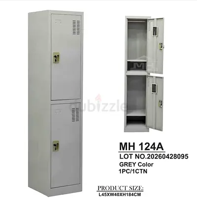 Metal 2-Door Locker Cabinet - Grey, 184cm High