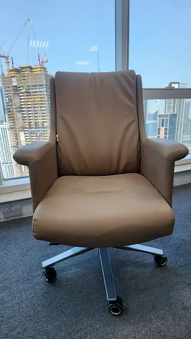 Comfortable Brown Leather Office Swivel Armchair On Wheels - Flawless Condition