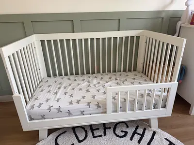 Crate and barrel White convertible baby crib/toddler bed - solid wood, gently used with matress