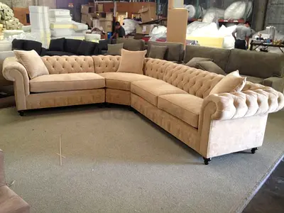 Large L-shaped Chesterfield Tufted Corner Sofa — Beige Velvet