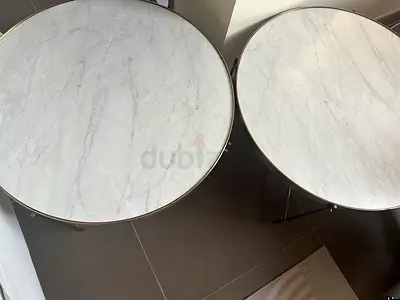 Round table set of 2, with brass frame, 68cm diameter and 40cm height