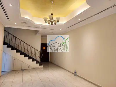 Available Away From Fly zone/3 Bedrooms villa /Maid Room /private back lawn/shared swimming pool/2 parking space /balcony/available For Rent in Mirdif