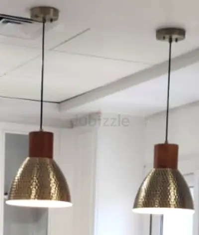 Brass pendant lights with wooden base x 2