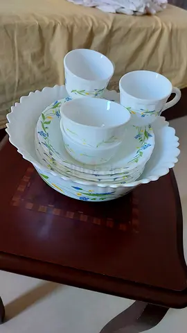 Set of porcelain tea cups and saucers with serving plates - used