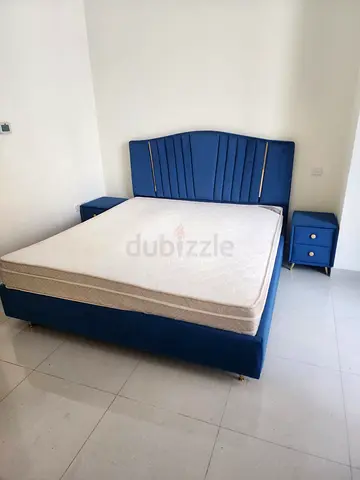 Blue Velvet Bed Frame with Mattress and Matching Nightstands