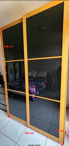 Large Wardrobe with mirrored black glass sliding door - 236x150x63 cm