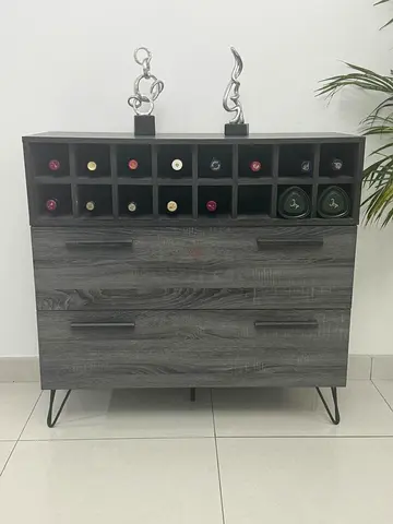 Grey wooden sideboard with built-in wine rack and drawers