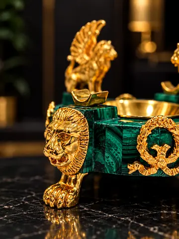 Green Malachite and Gold Lion Decorative Centerpiece / Ashtray