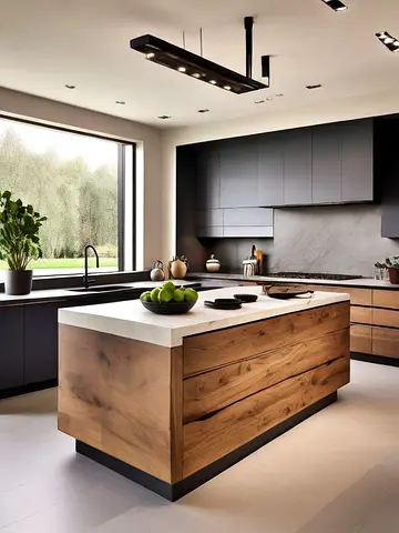 Modern kitchen island with wooden drawers and marble top