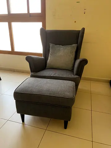 IKEA Comfortable Grey Wingback Armchair with Matching Ottoman