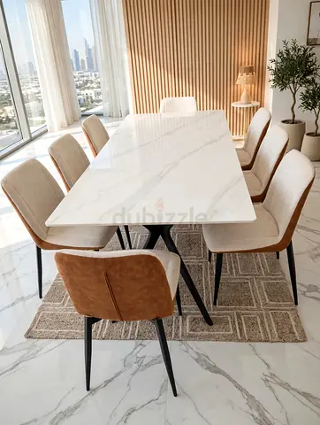 Marble-top dining table with 8 upholstered chairs - modern set