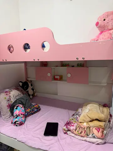 Pink Kids Bunk Bed with Storage Shelves - Good Condition
