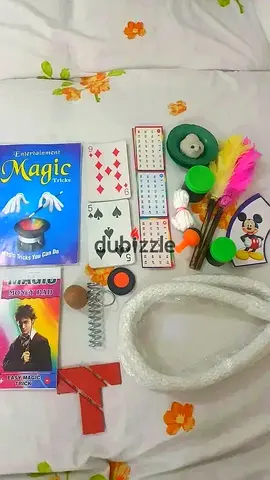 Magic trick set with cards, rope, cups and props - used