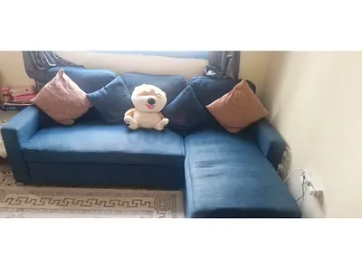 Blue L-shaped fabric sofa - 3-seater with chaise, good condition.