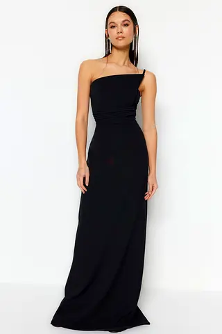 Elegant one-shoulder black evening gown, floor-length