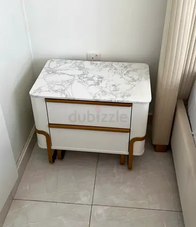 White Marble-Top Nightstand with Gold Trim - 2 Drawers