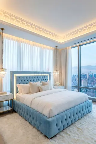 Modern Light Blue Tufted Upholstered Bed Frame