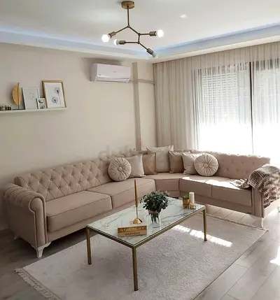 Light beige L-shaped tufted sofa - comfortable corner couch