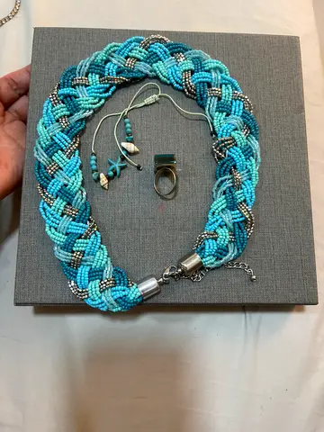 Handmade braided turquoise seed bead necklace with matching ring and earrings