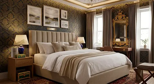 Beige upholstered king bed with padded headboard