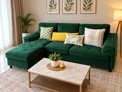 Modern Emerald Green Velvet L-Shape Sofa