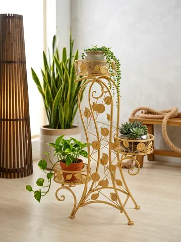 Metal Floral 3-Tier Gold Plant Stand for plants (90 cm height)