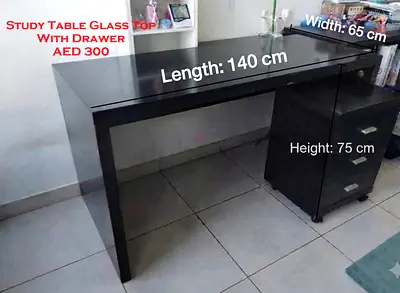 Black Glass Top Study Table with Drawers