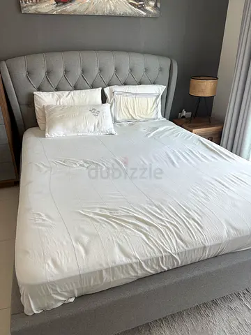 Queen size upholstered bed frame with headboard - light grey