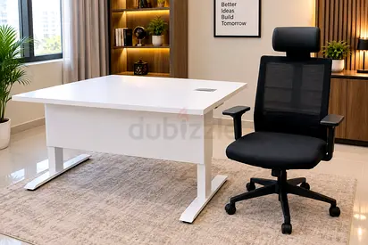 Electric adjustable White modern office desk with ergonomic black mesh chair