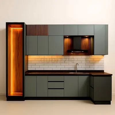 Modern L-shaped Kitchen Cabinet Set with Built-in Lighting