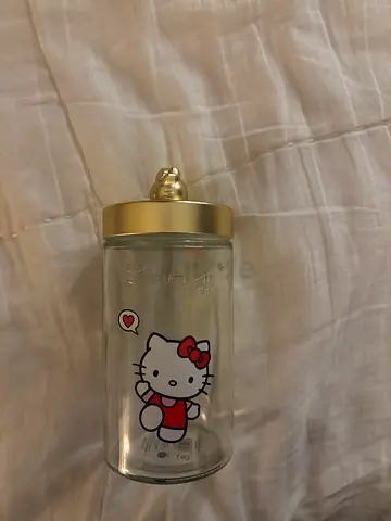 Hello Kitty Baby cosmetic cotton/ brushes organizer - Glass with Gold Cap (barely Used)