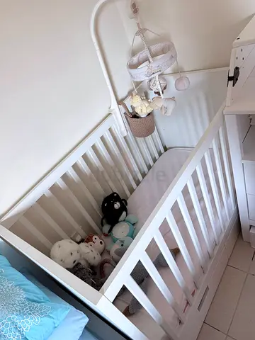 White Wooden Baby Crib with Mobile and Mattress - Good Condition