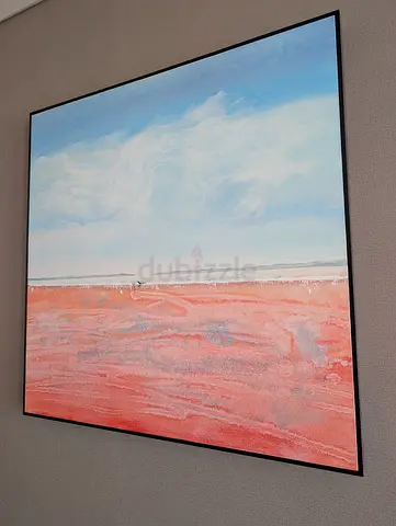 Chattles & More Large Framed Coastal Abstract Painting - Soft Blue & Coral Tones 100x100cm