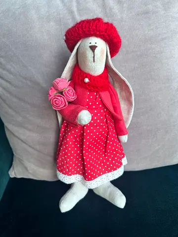 Handmade Red Polka Dot Cloth Bunny Doll with Hat and Flowers, 30 cm tall